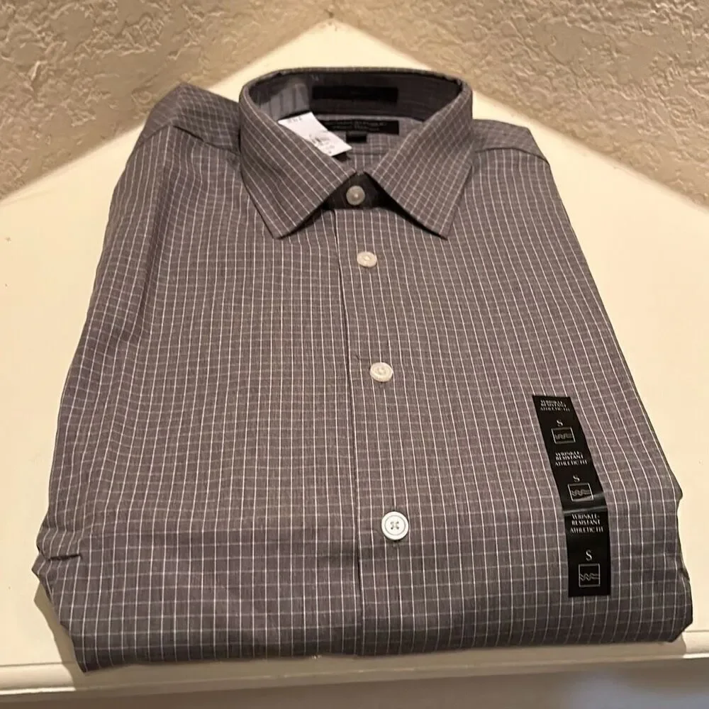 Banana Republic Men's S Wrinkle Resistant Dress Shirt Gray White Windowpane New